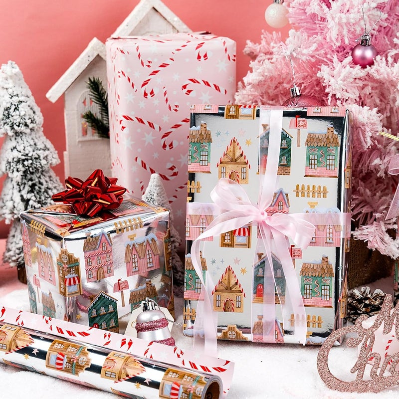 Yarcony Christmas Wrapping Paper Roll, Gingerbread House Wrapping Paper, Metallic Foil Adorable Village and Candy Cane Design Christmas Gift Wrap for Holiday, Winter Celebration (17 Inch X 33 Feet) - Image 4